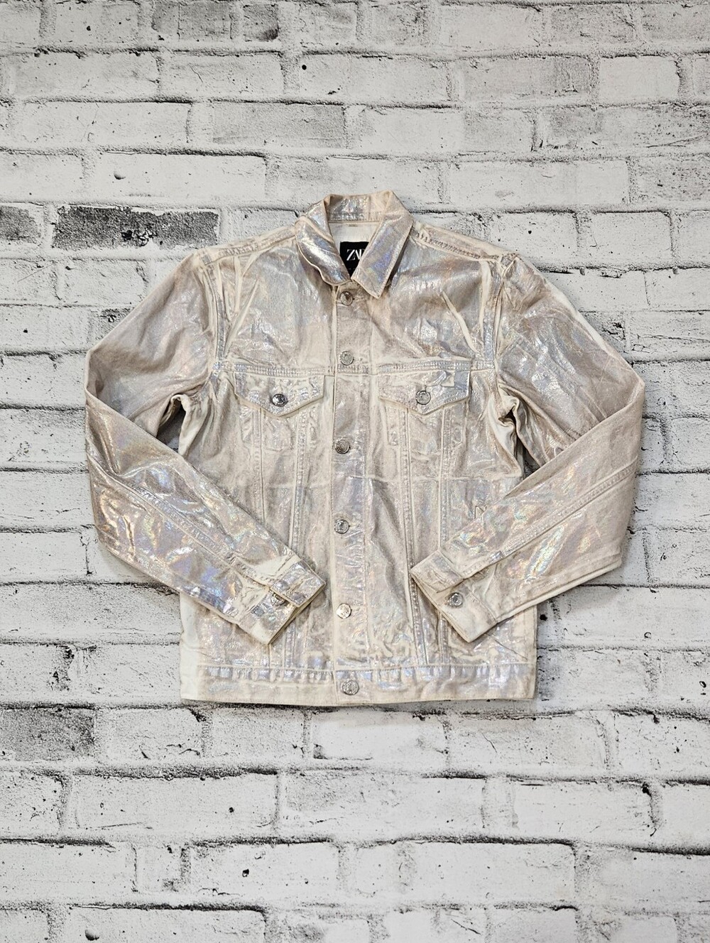 Zara Womens S Iridescent Holographic Metallic Silver Denim Trucker Jacket